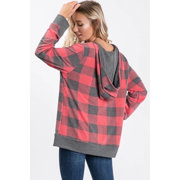 NWT!! Red & Gray Plaid V-Neck Hooded Top - Picture 4 of 9